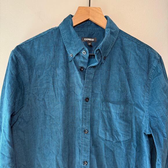 Express Men's Long Sleeve Corduroy Plaid Button Dress Shirt Blue Size Medium - Picture 2 of 6